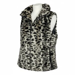 Calvin Klein Womens Faux Fur Vest Gray Black Leopard Print Zip Pockets Size M